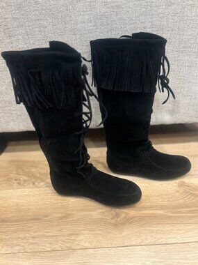 Black Fringe Boho Suede Boots - Lace Up - Festival Western Style